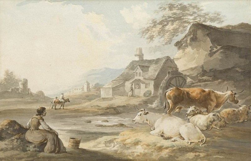 Milkmaid and cows at water's edge