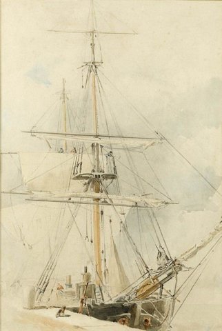 A ship in dock with sails half furled