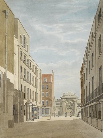 The entrance for Spring Gardens looking towards the Phoenix Fire-Engine House, Old Cockspur Street