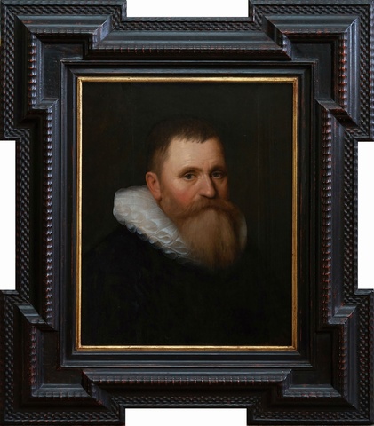 Portrait of a bearded gentleman aged 54, bust length in a black coat and ruff