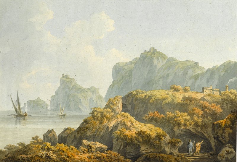 Classical figures on steps with the Gulf of Salerno beyond