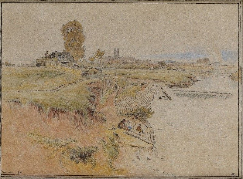 Worcester, Distant view of the town from below the weir, a small family group fishing in the foreground