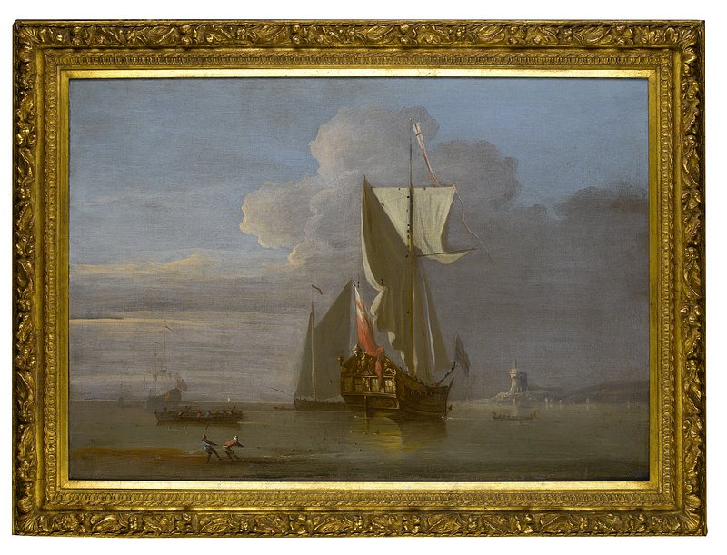 Vessels becalmed in a bay drying their sales