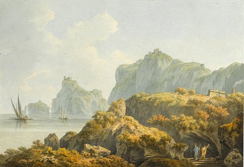 Classical figures on steps with the Gulf of Salerno beyond