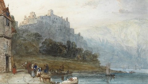 Figures on the Banks of the Rhine by a castle near the Lorelei Rock