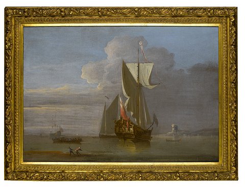 Vessels becalmed in a bay drying their sales